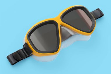 Mavi arka planda izole edilmiş turuncu dalış maskesi. 3D dalış ve şnorkelle yüzme ekipmanı