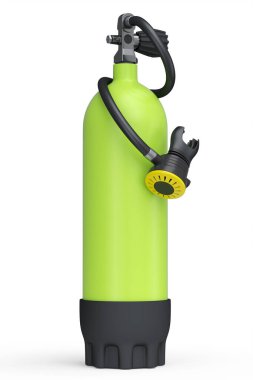 Şnorkelle yüzmek için yeşil dalış tüpü beyaz arka planda izole edilmiş. Yaz tatili için 3D dalış ve spor malzemesi.