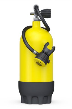 Sarı dalış tankı beyaz arka planda izole edilmiş şnorkelle yüzmek için tam oksijen. Yaz tatili için 3D dalış ve spor malzemesi.