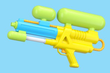 Mavi arka planda izole edilmiş yüzme havuzunda oynamak ve sulamak için plastik su tabancası oyuncağı. 3D aile eğlencesi ve plaj aktiviteleri