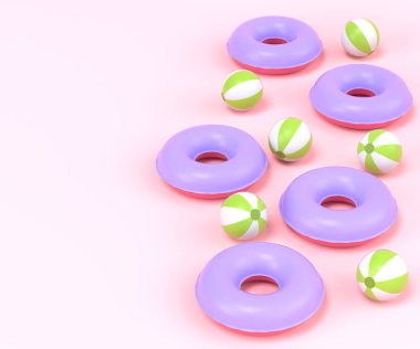 Renkli şişirilebilir yüzükler ve pembe arka planda toplar. Yaz tatili konsepti ve tatillerinin 3 boyutlu canlandırması