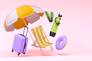 Plaj aksesuarlarıyla renkli bavullar ve pembe arka planda dalış ekipmanları. Yaz tatili konsepti ve tatillerinin 3 boyutlu canlandırması