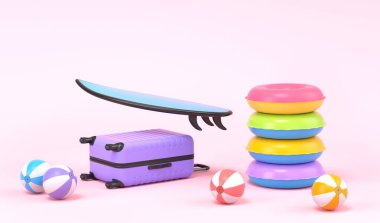 Renkli sörf tahtası, plaj yüzükleri ve pembe arka planda toplar. Yaz tatili konsepti ve tatillerinin 3 boyutlu canlandırması