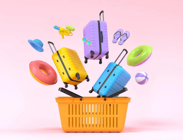 Colorful Luggage Beach Accessories Shopping Basket Pink Background Render Summer — Photo