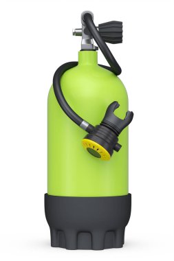 Şnorkelle yüzmek için yeşil dalış tüpü beyaz arka planda izole edilmiş. Yaz tatili için 3D dalış ve spor malzemesi.