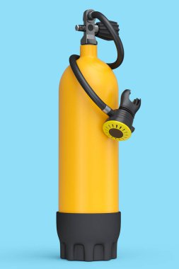 Mavi arka planda, dalış için turuncu dalış tüpü tam oksijen izole edildi. Yaz tatili için 3D dalış ve spor malzemesi.