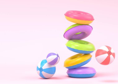Colorful inflatable rings and balls flying on pink background. 3D render of summer vacation concept and holidays