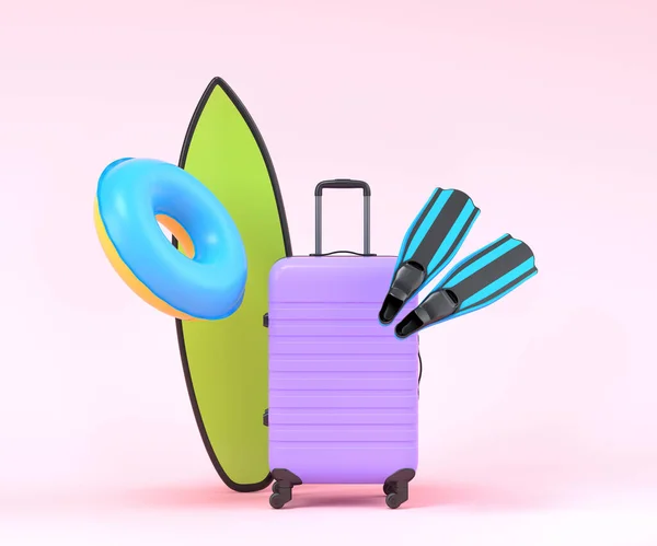 ピンクの背景にカラフルなサーフボード ビーチリング 傘や荷物 夏休みのコンセプトと休日の3Dレンダリング — ストック写真