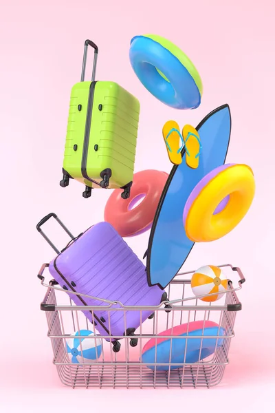 Colorful Luggage Beach Accessories Shopping Basket Flying Pink Background Render — Photo