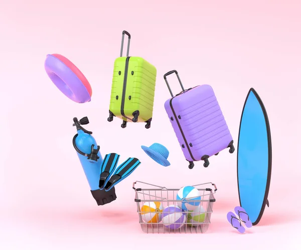 ビーチアクセサリーとショッピングバスケットピンクの背景に飛んでカラフルな荷物 夏休みのコンセプトと休日の3Dレンダリング — ストック写真