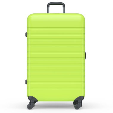 Large green polycarbonate suitcase isolated on white background. 3d render travel concept of baggage or luggage