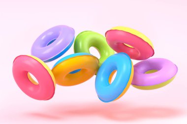 Colorful inflatable rings flying on pink background. 3D render of summer vacation concept and holidays