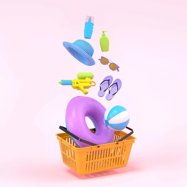 Colorful Beach Accessories Shopping Basket Pink Background Render Summer Vacation — Photo