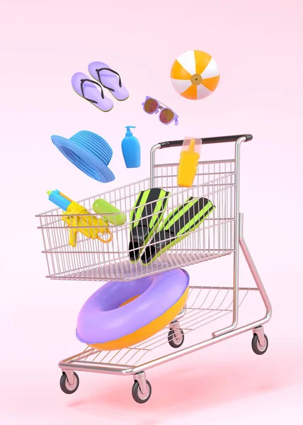 Colorful Beach Accessories Shopping Trolley Pink Background Render Summer Vacation — Photo