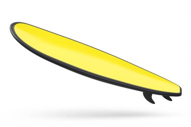 Beyaz arka planda izole edilmiş gerçekçi sarı sörf tahtası. Plajda sörf tahtasında sörf yapmanın 3 boyutlu resmi.