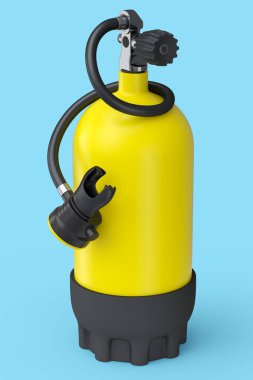 Sarı dalış tankı mavi arka planda izole edilmiş şnorkelle yüzmek için tam oksijen. Yaz tatili için 3D dalış ve spor malzemesi.