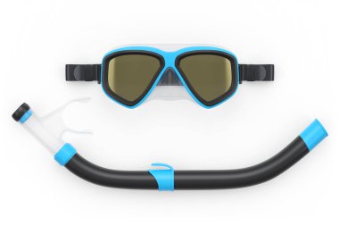 Mavi dalış maskesi ve şnorkel beyaz arka planda izole edilmiş. 3D dalış ve şnorkelle yüzme ekipmanı