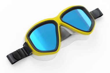 Sarı dalış maskesi beyaz arka planda izole edilmiş. 3D dalış ve şnorkelle yüzme ekipmanı