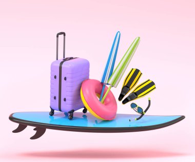 Colorful surfboard, beach ring, umbrellas and scuba mask on pink background. 3D render of summer vacation concept and holidays