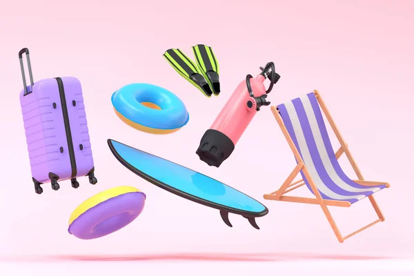 ピンクの背景にビーチアクセサリーやダイビングギアとカラフルな荷物 夏休みのコンセプトと休日の3Dレンダリング — ストック写真