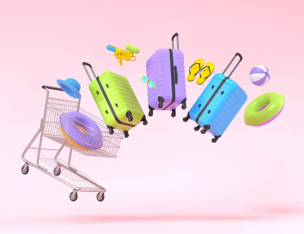 Colorful Luggage Beach Accessories Shopping Trolley Flying Pink Background Render — Photo