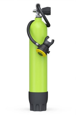 Şnorkelle yüzmek için yeşil dalış tüpü beyaz arka planda izole edilmiş. Yaz tatili için 3D dalış ve spor malzemesi.