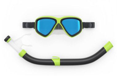 Yeşil dalış maskesi ve şnorkel beyaz arka planda izole edilmiş. 3D dalış ve şnorkelle yüzme ekipmanı