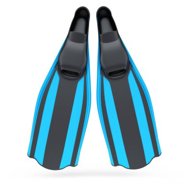 Beyaz arka planda mavi yüzgeçliler izole edilmiş. 3D dalış ve şnorkelle yüzme ekipmanı