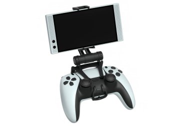 Beyaz arka planda cep telefonuyla oyun oynamak için gerçekçi beyaz joystick. Video oyunu akış konseptinin 3 boyutlu yorumlaması