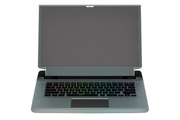 三维渲染现代游戏彩色笔记本电脑的白色背景 电脑及云彩游戏的概念 — 图库照片