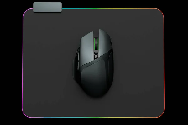 Modern gaming computer mouse on professional pad isolated on black background. 3d rendering of live streaming gear for cloud gaming and gamer workspace concept