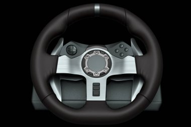 Siyah arka planda izole edilmiş gerçekçi deri direksiyon. Bulut oyun ve yarış ya da oyun alanı konsepti için 3 boyutlu yayın donanımı