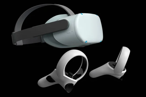 Virtual reality glasses and controllers for online and cloud gaming on black background. 3D rendering of device for virtual design in augmented reality or virtual gaming in VR