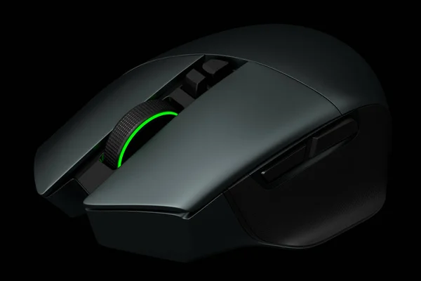 Modern wireless gaming computer mouse on professional pad isolated on black background. 3d rendering of live streaming gear for cloud gaming and gamer workspace concept