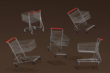 Set of flying shopping carts or trolley for groceries on dark background. 3d render concept of sale, discount, shopping and delivery