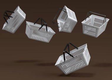 Set of flying metalwire shopping basket from supermarket on dark background. 3d render concept of online shopping and black friday sale