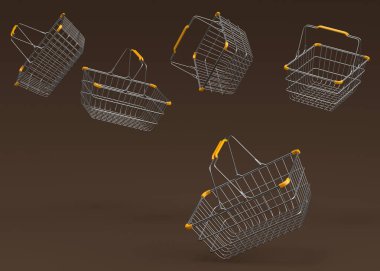Set of flying plastic shopping basket from supermarket on dark background. 3d render concept of online shopping andblack friday sale