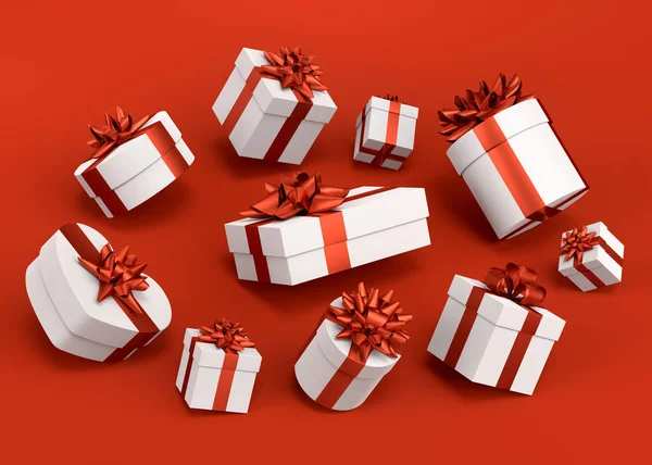 Gift Boxes Ribbon Bow Flying Falling Red Background Render Concept — Stockfoto