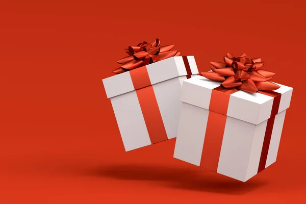 Gift Boxes Ribbon Bow Flying Falling Red Background Render Concept — Stockfoto