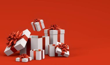 Kurdeleli hediye kutuları ve kırmızı arka planda uçan ve düşen yay. 3D karşılama tasarımı konsepti: Doğum günü, Mutlu Noeller, Kara Cuma, Yeni Yıl ve Sevgililer Günü