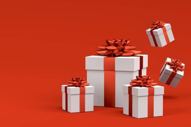 Kurdeleli hediye kutuları ve kırmızı arka planda uçan ve düşen yay. 3D karşılama tasarımı konsepti: Doğum günü, Mutlu Noeller, Kara Cuma, Yeni Yıl ve Sevgililer Günü