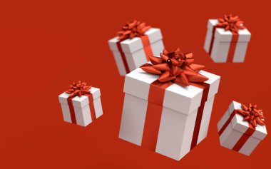 Kurdeleli hediye kutuları ve kırmızı arka planda uçan ve düşen yay. 3D karşılama tasarımı konsepti: Doğum günü, Mutlu Noeller, Kara Cuma, Yeni Yıl ve Sevgililer Günü