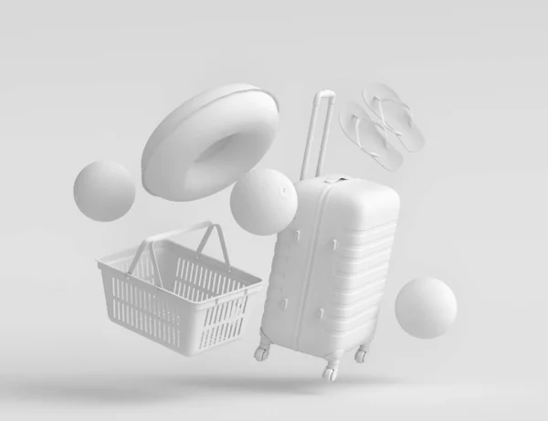 Colorful Luggage Beach Accessories Shopping Basket Flying Monochrome Background Render —  Fotos de Stock