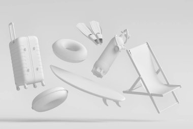 Colorful luggage with beach accessories and diving gear on monochrome background. 3D render of summer vacation concept and holidays
