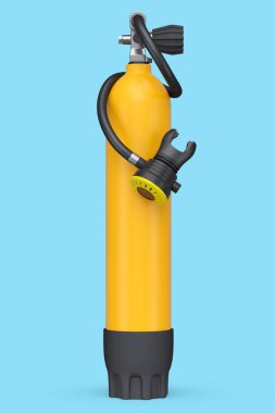 Mavi arka planda, dalış için turuncu dalış tüpü tam oksijen izole edildi. Yaz tatili için 3D dalış ve spor malzemesi.