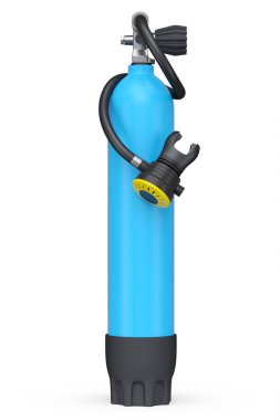 Mavi dalış tankı beyaz arka planda izole edilmiş şnorkelle yüzmek için tam oksijen. Yaz tatili için 3D dalış ve spor malzemesi.