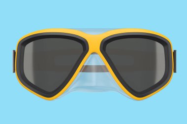 Mavi arka planda izole edilmiş turuncu dalış maskesi. 3D dalış ve şnorkelle yüzme ekipmanı