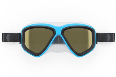 Mavi dalış maskesi beyaz arka planda izole edilmiş. 3D dalış ve şnorkelle yüzme ekipmanı