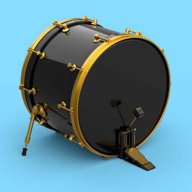 Mavi arka planda pedalı olan gerçekçi bir davul. 3D render müzik aleti, davul makinesi konsepti.