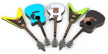 Beyaz arka planda izole edilmiş elektro akustik gitar seti. Müzik dükkanı için heavy metal gitarlı 3D rock festivali posteri.